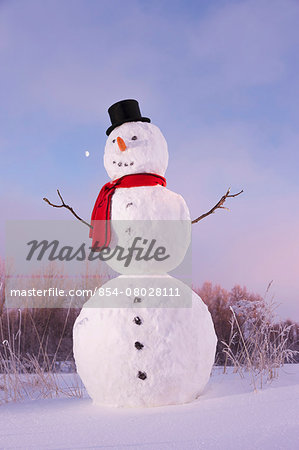 Snowman In Field Wearing A Black Stovepipe Hat And Red Scarf;Anchorage Alaska Usa