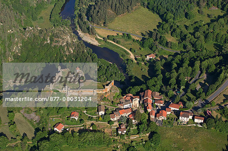 France, Haute-Loire (43), Village Arlempdes labeled The Most Beautiful Villages of France (aerial photo)