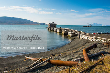 Wooden pier of the old Russian coalmine in Colesbukta, Svalbard, Arctic, Norway, Scandinavia, Europe