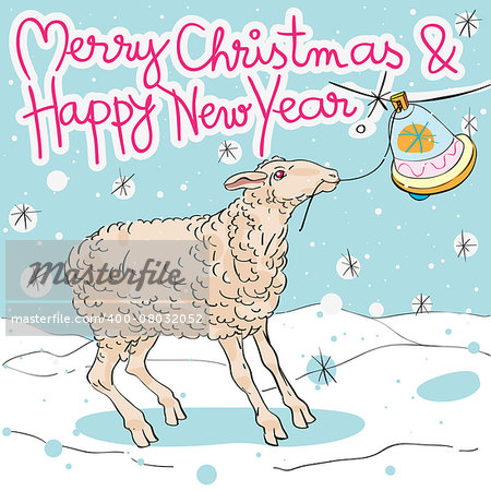 Merry Christmas and Happy New Cinese Year af the Sheep greeting card, hand drawn illustration of a cute animal ringing the bell on a background with snowflakes and original doodle text