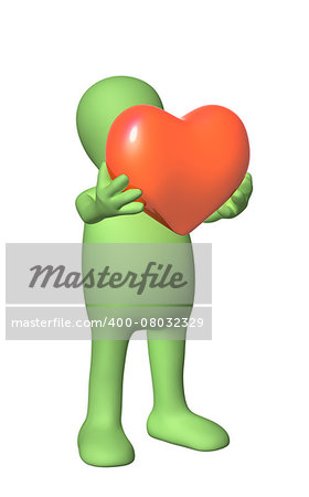 3d  puppet, holding in hands red heart. Isolated on white background