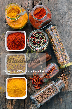 Herbs and spices selection, on wooden table background