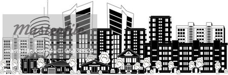 Black and white illustration of a modern city