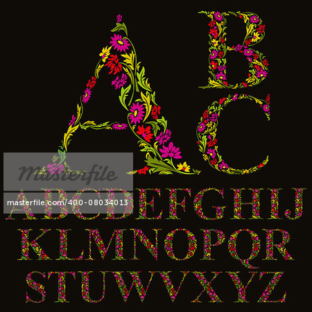 Floral font made with leaves, natural alphabet letters set, vector design.