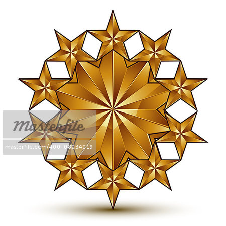 Geometric vector classic rounded golden element isolated on white backdrop, 3d decorative pentagonal stars, shaped blazon.