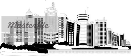 Black and white illustration of a cityscape