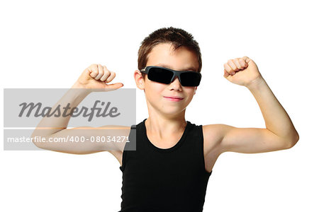 Sport child boy showing his hand biceps muscles strength isolated on white background