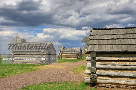 Reproductions of cabins used by Revolutionary War soldiers during the winter of 1777-78 under the command of George Washington. Located in Valley Forge National Historical Park, Pennsylvania, USA.