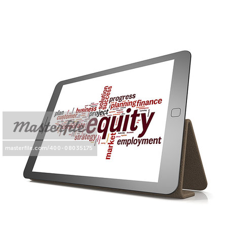 Equity word cloud on tablet image with hi-res rendered artwork that could be used for any graphic design.