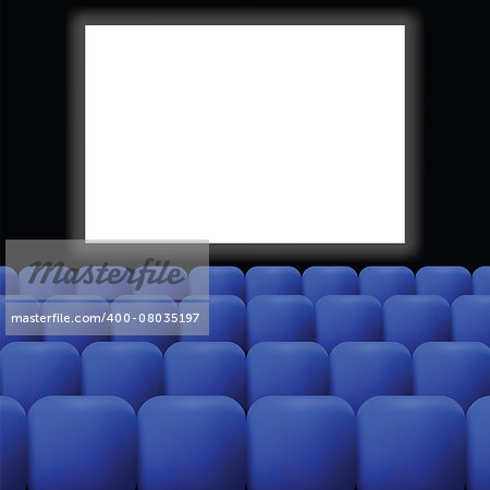 colorful illustration  cinema with blue curtain on dark background