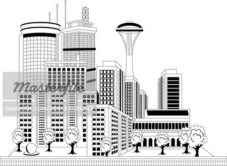 Black and white illustration of a modern city