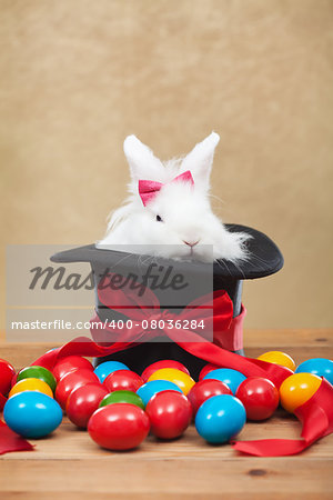 Cute but grumpy easter bunny sitting in magician hat with colorful dyed eggs
