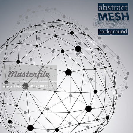 Abstract deformed vector black and white background, chaotic backdrop with symmetric spherical lined object.