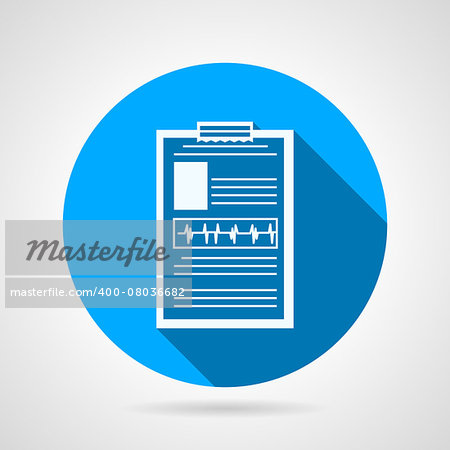 Single blue circle flat vector icon with white outline clipboard for medical exam on gray background with long shadow.