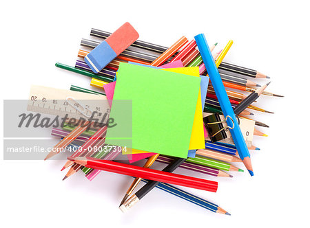 School and office supplies heap. Isolated on white background