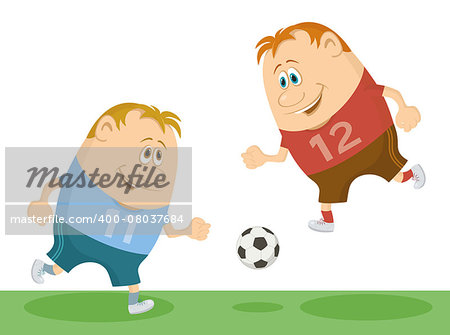 Two football players sportsmans playing soccer with ball, cartoon characters, isolated on white background. Vector