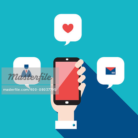 Hand holding mobile phone with icons and speech bubbles Social network concept Vector illustration