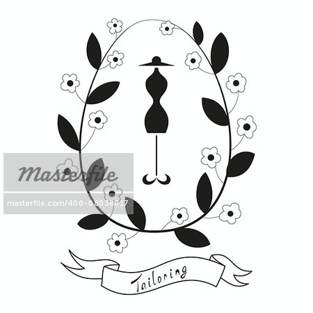 Tailoring emblem with mannequin or dummy. Floral wreath and banner. Fashion and tailoring logo design. Vector illustration