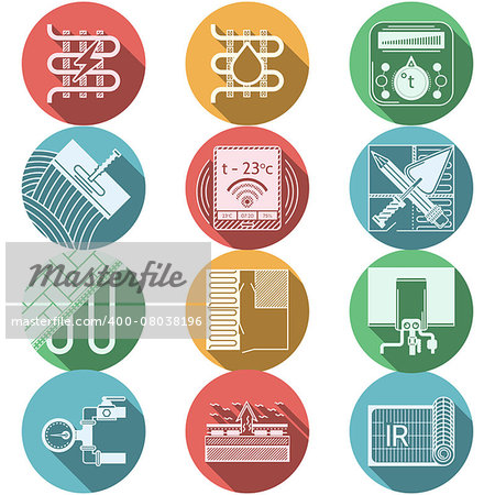 Set of flat circle colored vector icons with white silhouette elements for underfloor heating service on white background with long shadow.