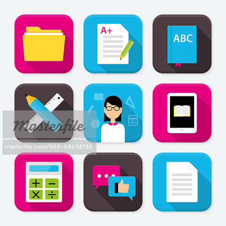 Flat style vector illustrations with long shadows. Education themed squared app icon set