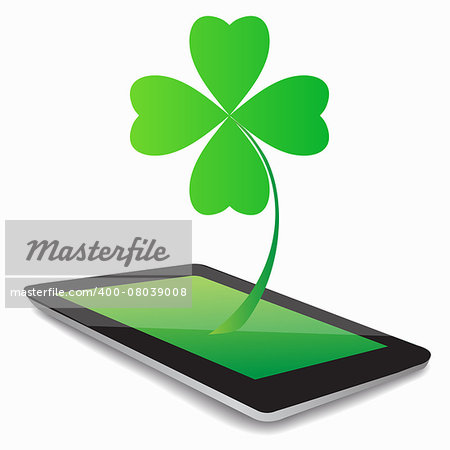 Four- leaf clover - Irish shamrock St Patrick's Day symbol. Useful for your design. Green glass clover  on white background.Stylish abstract St. Patrick's day  leaf clover whit tablet computer.