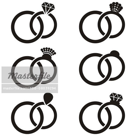 Black vector different wedding rings pairs joined together