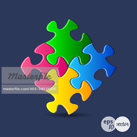 Vector colorful puzzle pieces joined together on blue