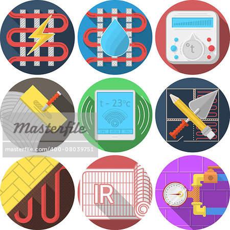 Set of round flat colorful vector icons for heated floor on white background.