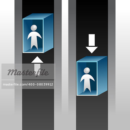 An image of abstract people riding an elevator up and down.