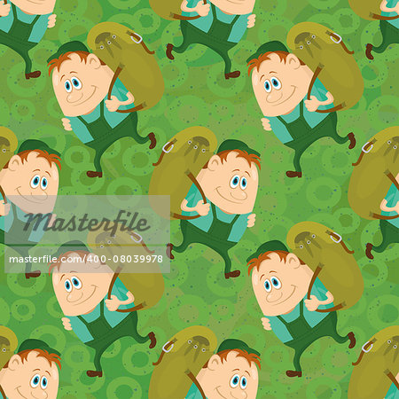 Seamless background with tourists with backpacks, cartoon characters on green background with abstract pattern. Vector