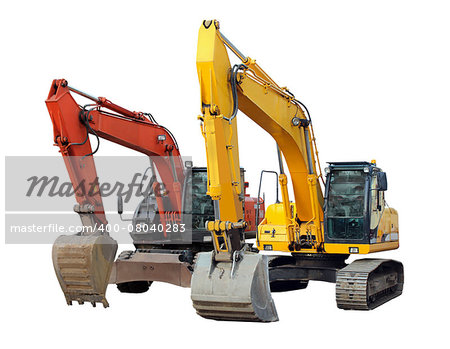 two modern excavators isolated on the white background