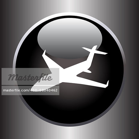 Plane silhouette on black button. Vector illustration