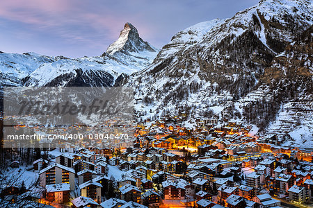 Aerial View on Zermatt Valley and Matterhorn Peak in the Morning, Switzerland