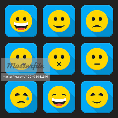 Flat style vector illustrations with long shadows; Yellow smiling faces squared app icon set