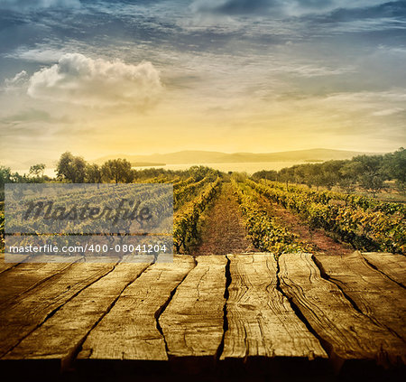 Wooden table. Spring design with vineyard and empty display. Space for your montage. Autumn grapes harvest