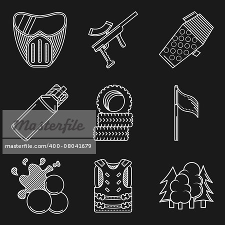 Set of white contour vector icons for paintball equipment and accessory for paintball on black background.