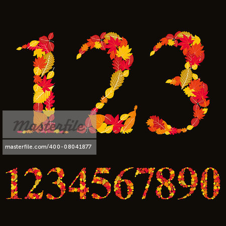 Numbers made with leaves, floral numerals set, vector illustration.
