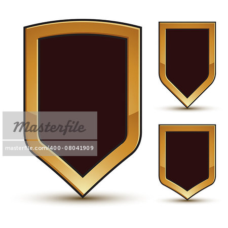 Geometric vector glamorous shield shape elements with golden outline isolated on white backdrop, 3d polished blazon set. Sophisticated three branded symbols.