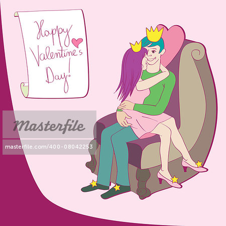 Valentine's Day card, cartoon illustration of two lovers on an armchair, fantastic royal characters with gloden crowns and text over a pink background