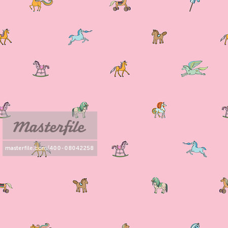 Sparse seamless pattern with toy horses, hand drawn cartoons over a pink background