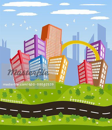 Illustration of a cartoon road driving through cityscape downtown