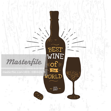 Silhouette of wine bottle, glass, cork. Typography poster for the liquor store.