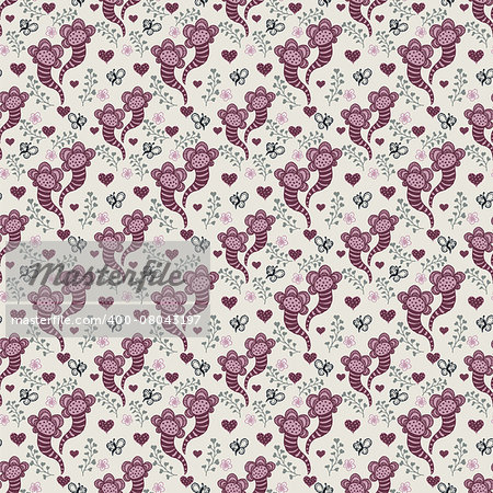 floral seamless pattern with abstract flower, heart, butterfly