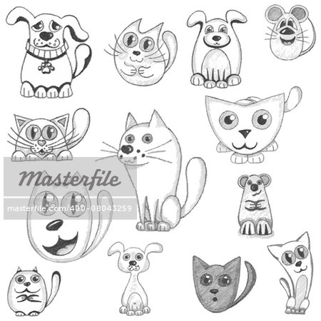 Hand drawn cats, dogs and mouse set, vector illustration