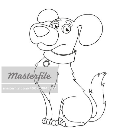 Cartoon puppy, vector illustration of cute dog wearing a collar with tag, coloring book page for children