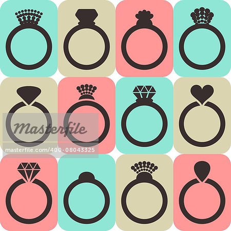 Vector engagement or wedding rings in colorful squares