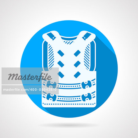 Round flat blue vector icon with white silhouette protection vest for paintball on gray background. Long shadow design