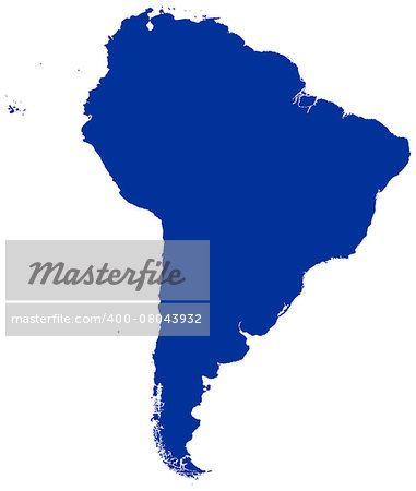 Map of South America. Blue silhouette illustration on white background with english scaling.