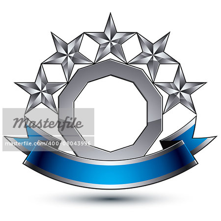 Vector classic emblem isolated on white background. Aristocratic badge with five silver stars, blue and gray ribbon clear EPS 8.