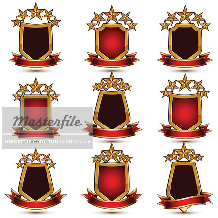 Set of geometric vector glamorous golden elements isolated on white backdrop, 3d polished stars, protection shields with red ribbon. Five stars branded symbols collection.